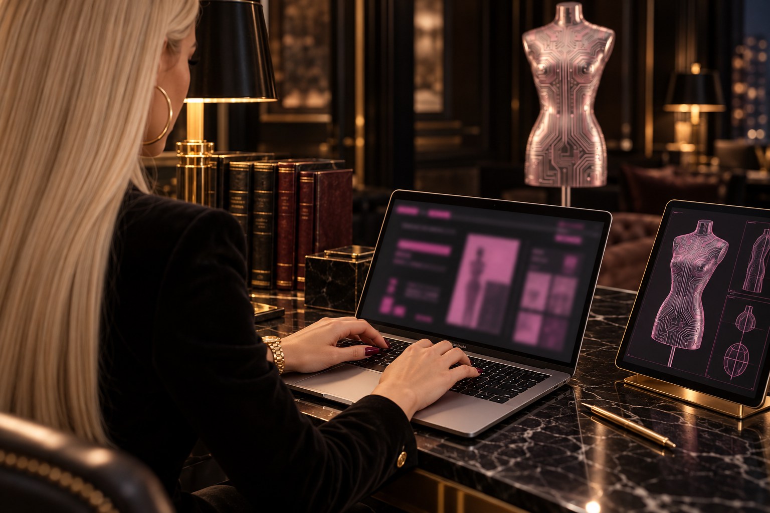 Ashley McPherson typing an AI command on her MacBook at a black marble desk, an iPad showing the dress form beside it
