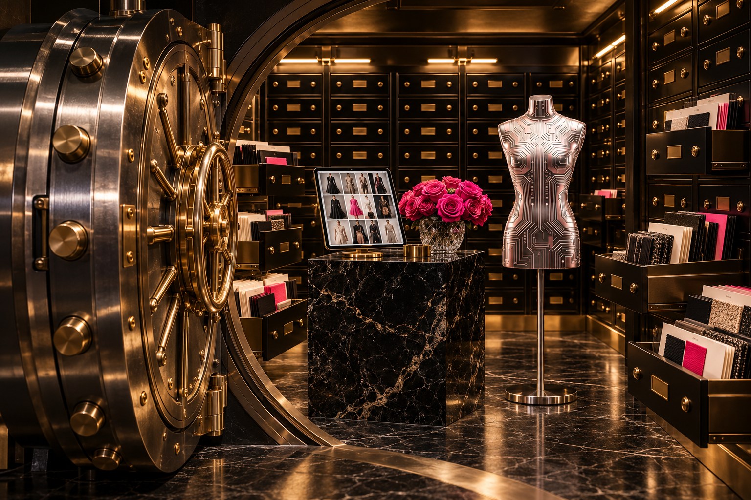The AI Fashion Vault, a round steel and brass vault door open onto black lacquer safe-deposit drawers of portfolios and swatches, an iPad of looks and the silver circuit dress form