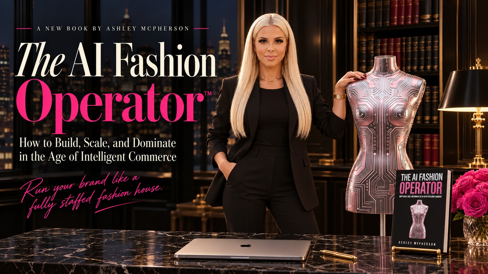 The AI Fashion Operator™, a new book by Ashley McPherson: Ashley in her black office beside the silver circuit dress form from the cover, with the book on her desk