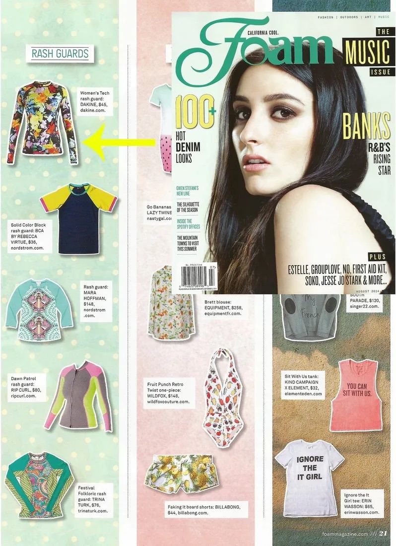 FOAM Magazine’s rash guard roundup with the DAKINE Women’s Tech rash guard, beside the August 2014 cover