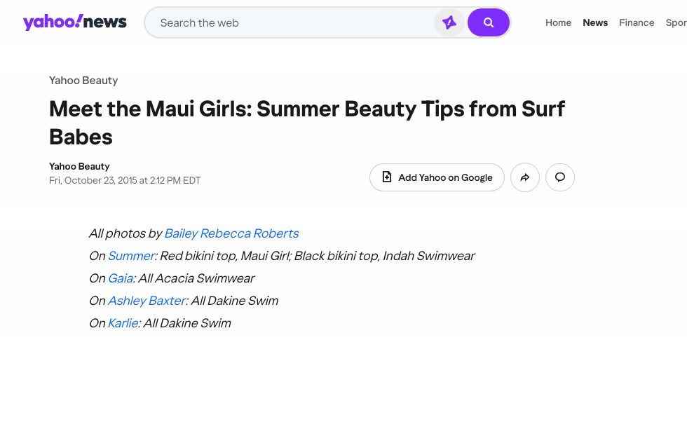 Yahoo Beauty article Meet the Maui Girls, with photo credits for DAKINE Swim