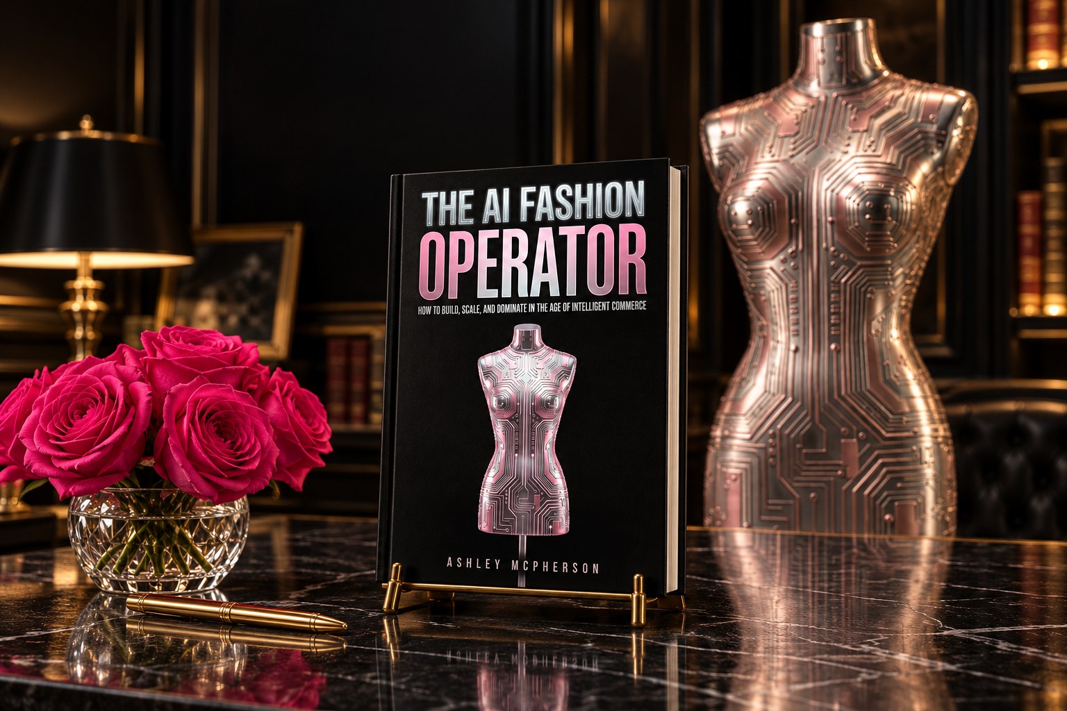 The AI Fashion Operator™ hardcover on a brass easel on a black marble desk, with pink roses, a gold pen and the life-size silver circuit dress form rising behind the desk