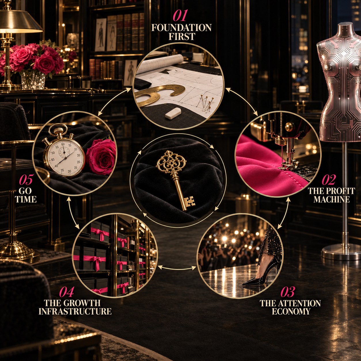 The AI Fashion Operator™ in five parts around a brass master key on black velvet, the one key to every department, with Foundation First, The Profit Machine, The Attention Economy, The Growth Infrastructure and Go Time